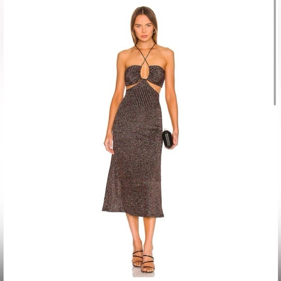 Misha collection multi color metallic midi dress (gold purple green) - Picture 1 of 6